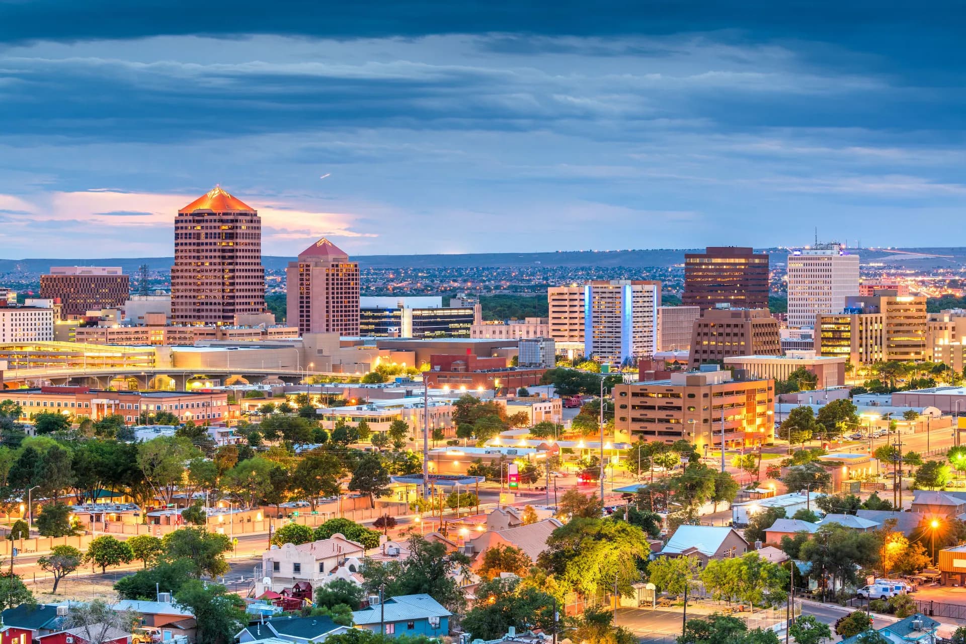 Albuquerque skyline with the Sandia Mountains at sunset, New Mexico
