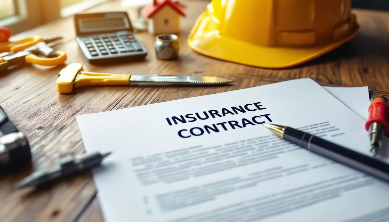 Insurance contract paperwork on a workbench beside a calculator, hard hat and hand tools