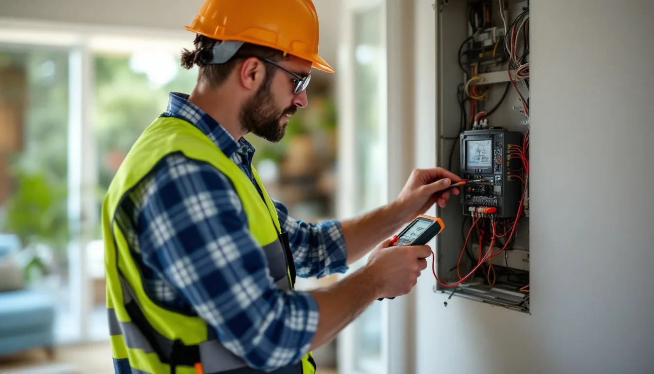 Electrician in a hard hat and safety vest testing an open breaker panel with a multimeter