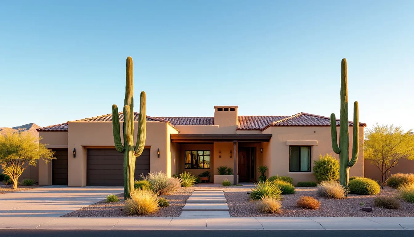 Southwestern stucco home with saguaro cacti and desert landscaping under a blue Arizona sky