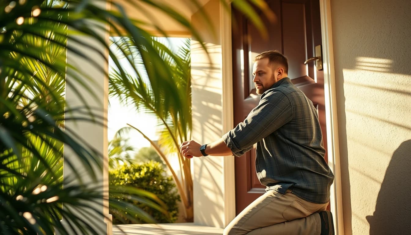 Handyman installing an exterior door handle on a sunlit Florida porch framed by palm fronds