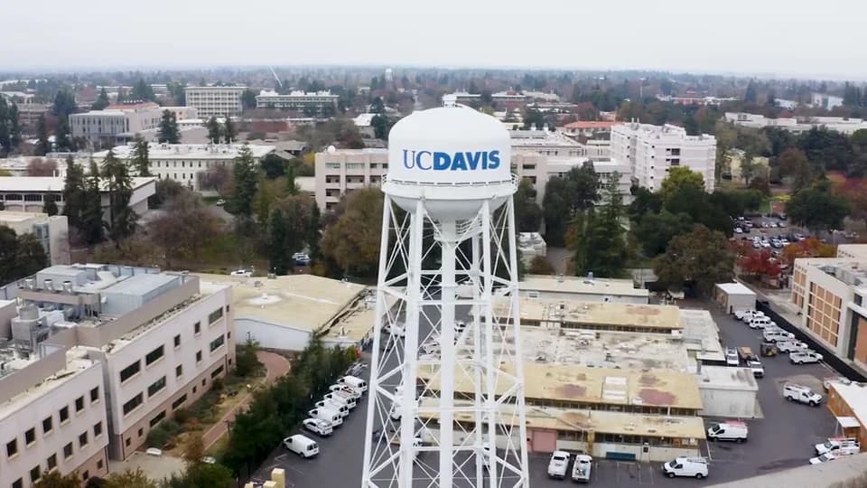 UC Davis water tower and campus aerial view in Davis, California